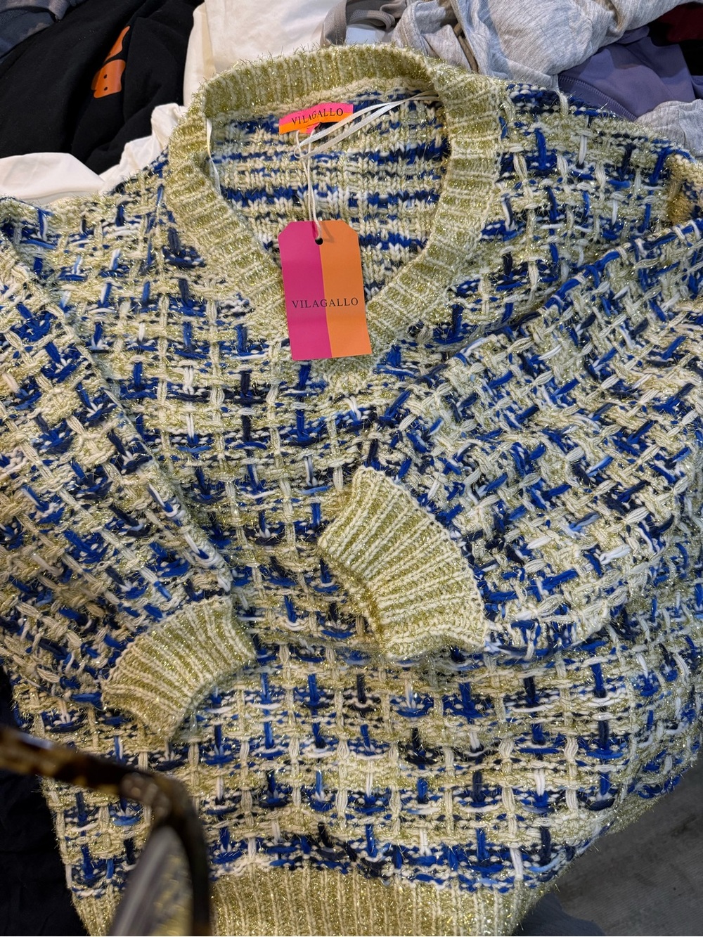 Vilagallo Olive Green & Cobalt Blue Tweed Knit Pullover